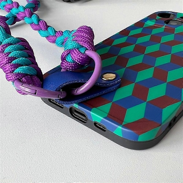 Støvtæt telefoncover til iPhone 14 Plus, TPU-telefoncover med splejsede rombemønstre og håndledsrem