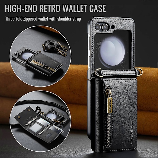 DG.MING M5 Serie til Samsung Galaxy Z Flip6 5G Etui RFID-blokering Kortpladser PU+PC Telefoncover Multicolor Black
