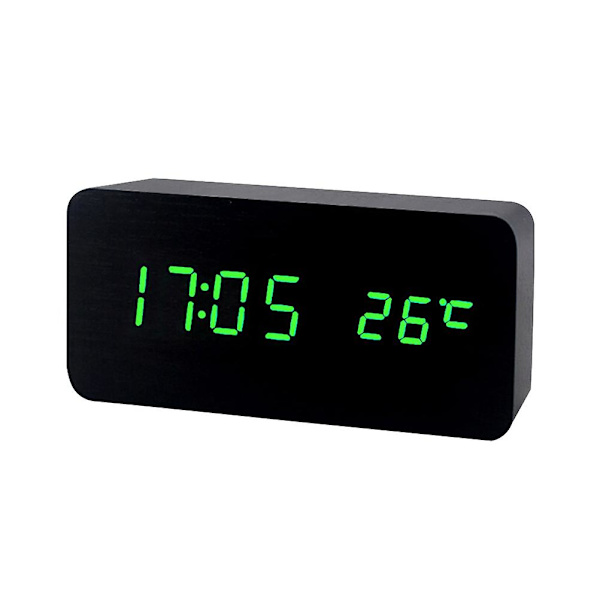 LED Skrivebord Træ Digitalt Vækkeur Lysende Stille Ur Tid Temperatur Justerbar Lysstyrke (sort træ og grøn skærm) Black