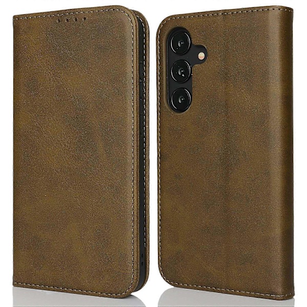 Til Samsung Galaxy S25 Etui PU Læder Kalvepræget Magnetisk Lukning Smartphone Cover - Mørkebrun Multicolor Dark Green
