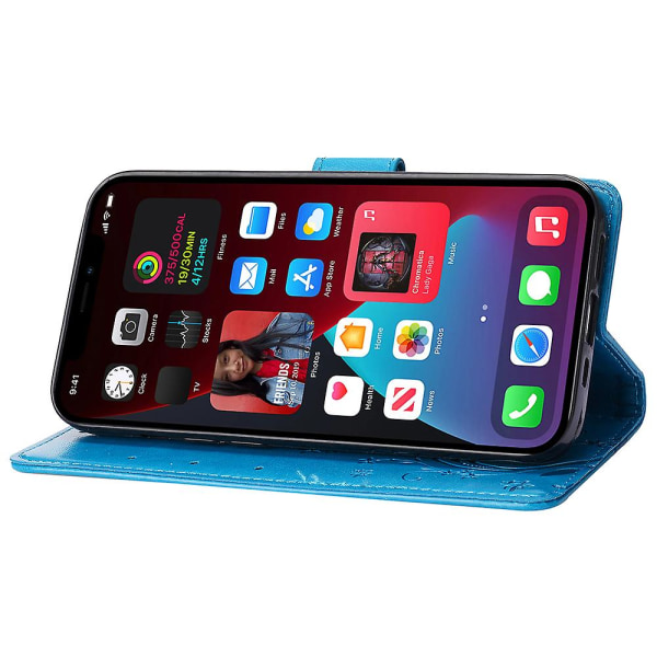 För Iphone 15 Plus Pu Läder Cover Phone case Imprinted Butterflies Shell Stand with rem Blue