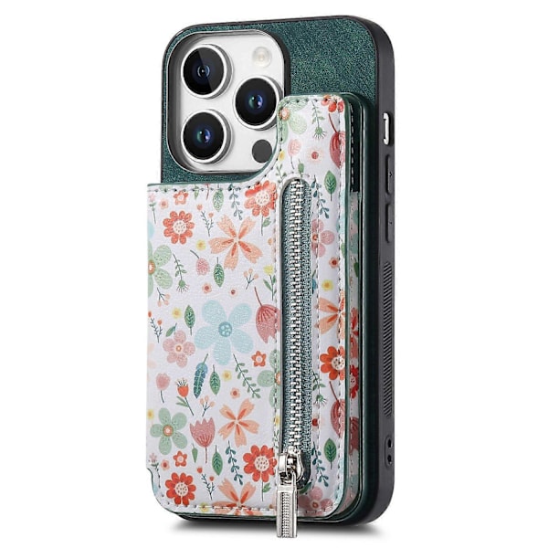 D10 Fodral för iPhone 16 Pro Max Mönster Ställ Plånbok Läder+TPU Telefonskydd RFID-blockering- Multicolor Green