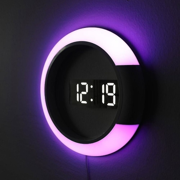 3d Stor LED Digital Väggklocka Väckarklocka Rund Spegel Modern Nattljus Hem Vardagsrum Dekorationer