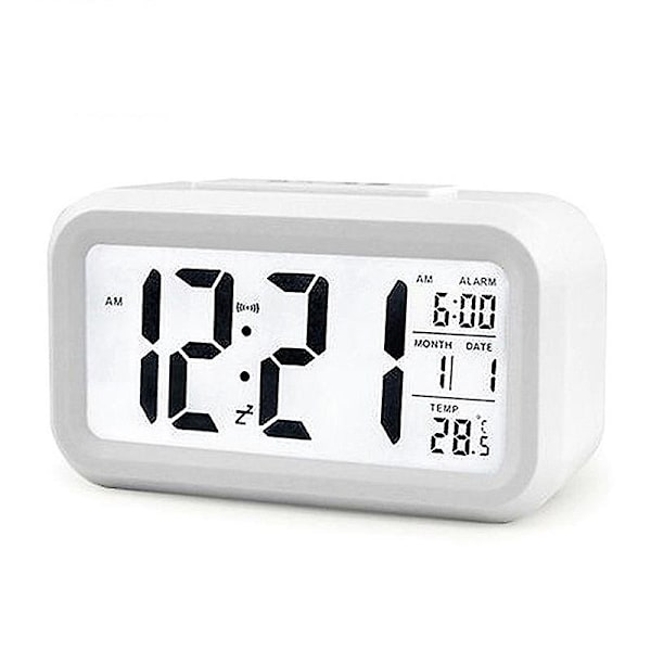 (Hvid) Digitalt Bordur Vækkeur Batteridrevet Firkantet LCD Display Baggrundsbelysning Kalender 1 stk