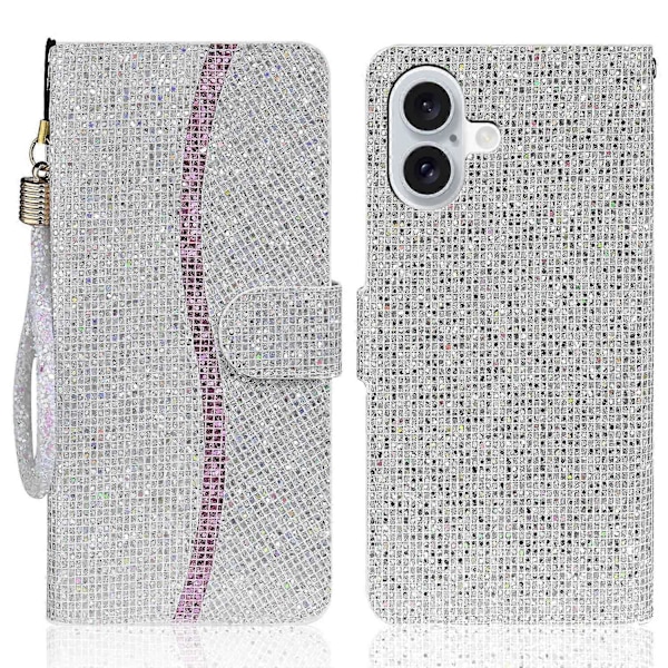 PU læder pung etui med glitter og kortholder til iPhone 16 Plus Multicolor Style D