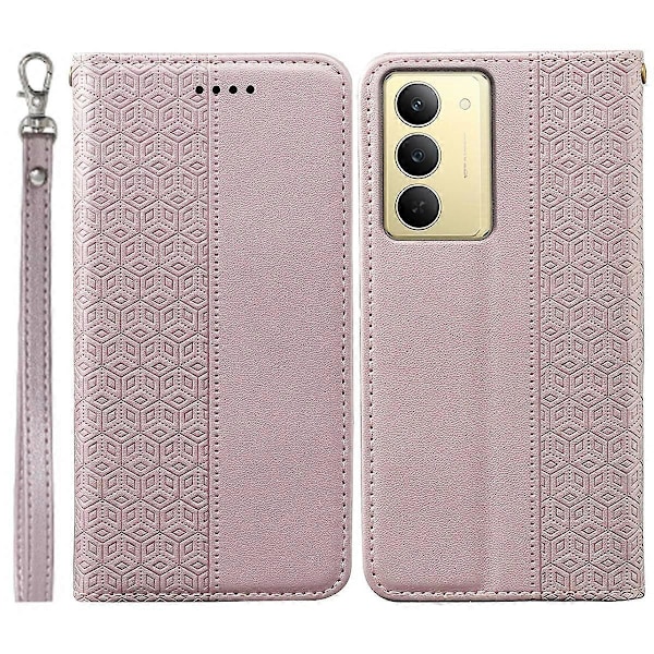 Plånboksfodral för Realme 14x 5G Stark Magnetisk Rutigt Mönster Präglat Läder Flipfodral Multicolor Rose Gold