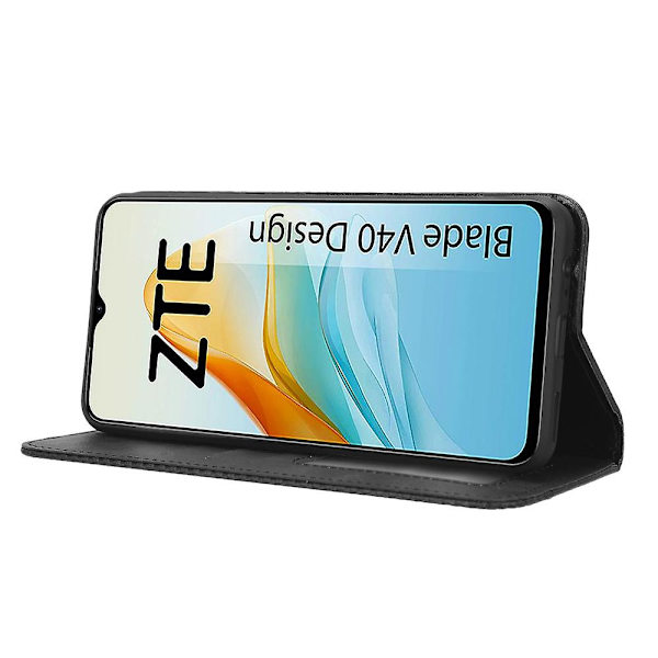 Til Zte Blade V40 Design PU Læder Stand Mobiltelefon Etui Tegnebog Retro Telefon Cover Black