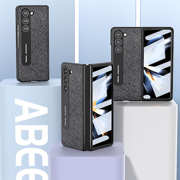 För Samsung Galaxy Z Fold5 5g Kickstand Vikbart phone case Cross Texture Kohud Läder+PC cover Black