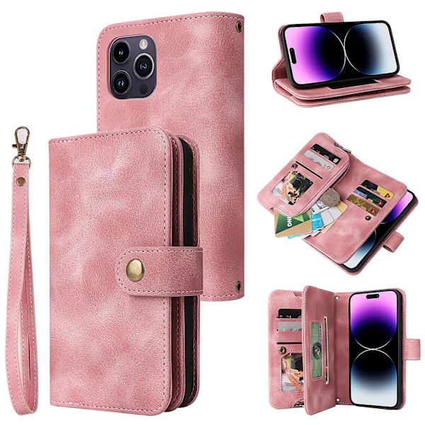 För Iphone 14 Pro Max Anti-dropp phone case Stativ Blixtlåsficka Läder Cover med remmar Pink
