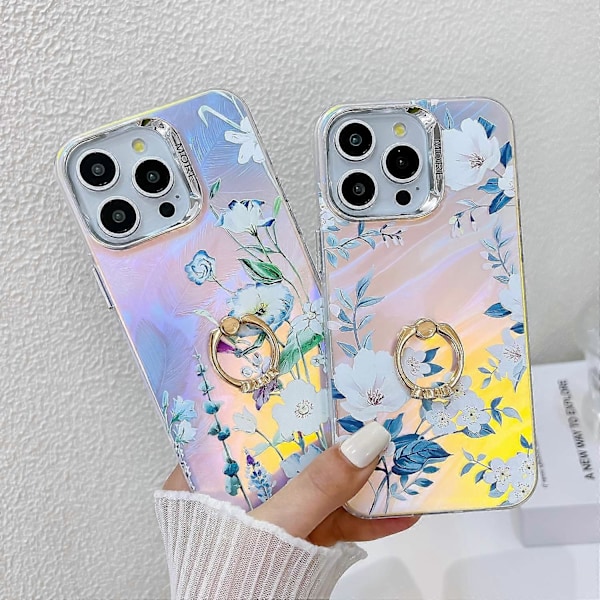 Blommig Lasertextur Skal för iPhone 15 Pro Max med Ringstativ Multicolor Style I