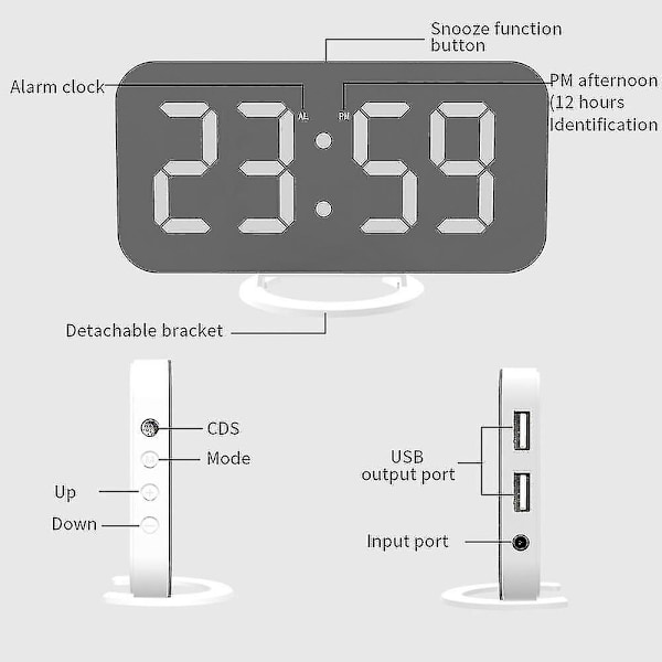 Digital väckarklocka, speglad ledklocka med dubbla USB laddarportar