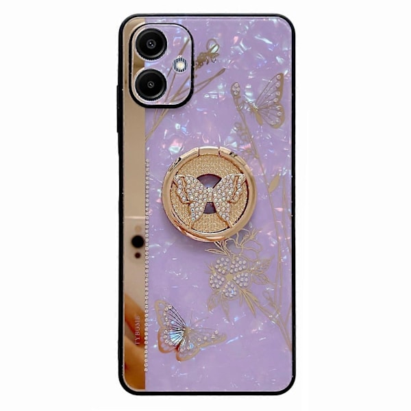Til Samsung Galaxy A06 Etui Rhinestones Dekor Støtteben TPU+PC Sommerfugl Blomster Telefon Cover Multicolor Style C
