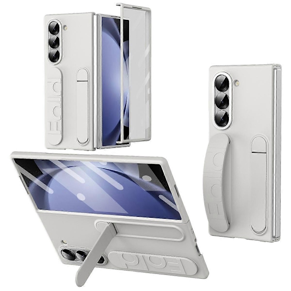 Samsung Galaxy Z Fold5 5G -kotelo, jossa on jalusta, ranneke, PC-puhelinkuori ja karkaistu lasikalvo - Harmaa Multicolor White