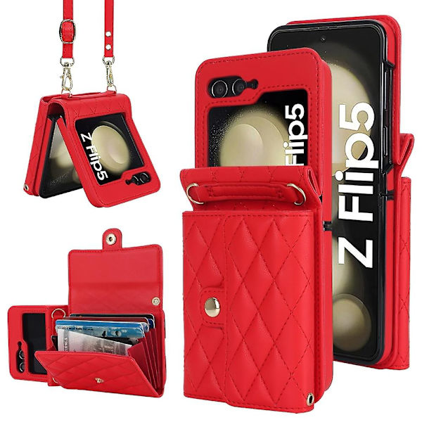 För Samsung Galaxy Z Flip5 5g Pu-läderbelagd PC phone case Kortplatser Cover Red