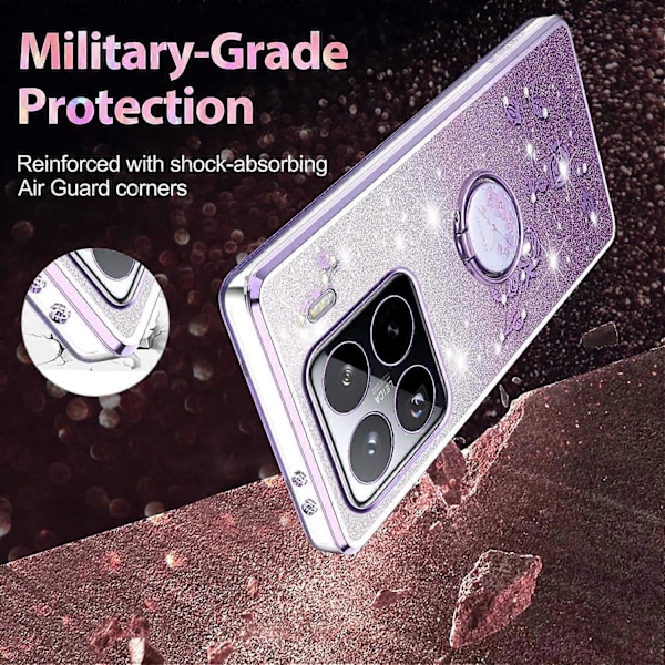 KADEM Deksel til Xiaomi 15 Pro med Ringstøtte TPU Blomster Telefondeksel Gradient Glitter Multicolor Purple