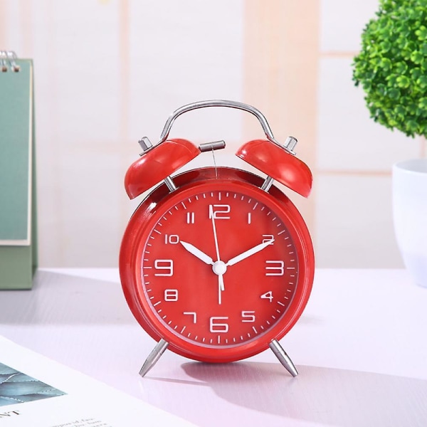 Klassisk tyst och icke tickande Quartz Dual Clock väckarklocka, lämplig för barn, batteridriven (exklusive batteri) -röd