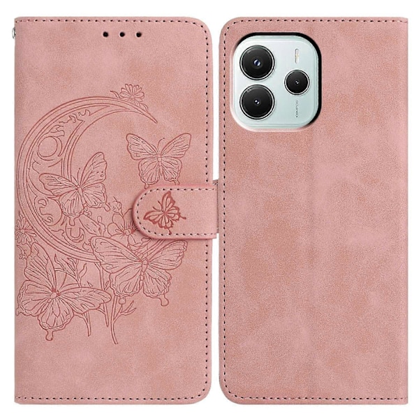 Til Xiaomi Redmi Note 14 5G Etui Sommerfugl Blomst Præget PU Læder Wallet Stand Telefon Cover Multicolor Rose Gold