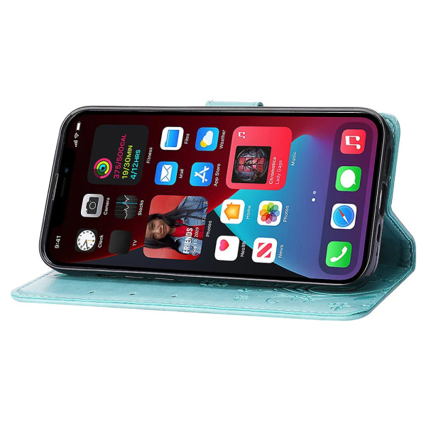 För Iphone 15 Plus Pu Läder Cover Phone case Imprinted Butterflies Shell Stand with rem Baby Blue