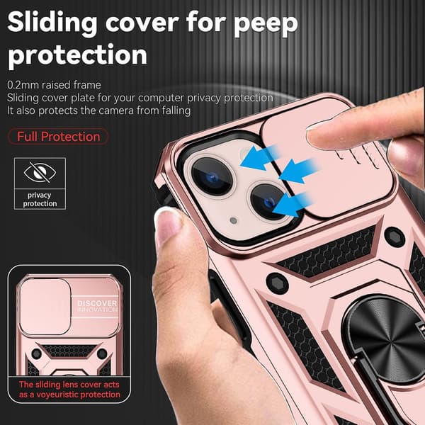 Skyvbart Camshield Holder Telefondeksel til iPhone 14 Plus Rose Gold