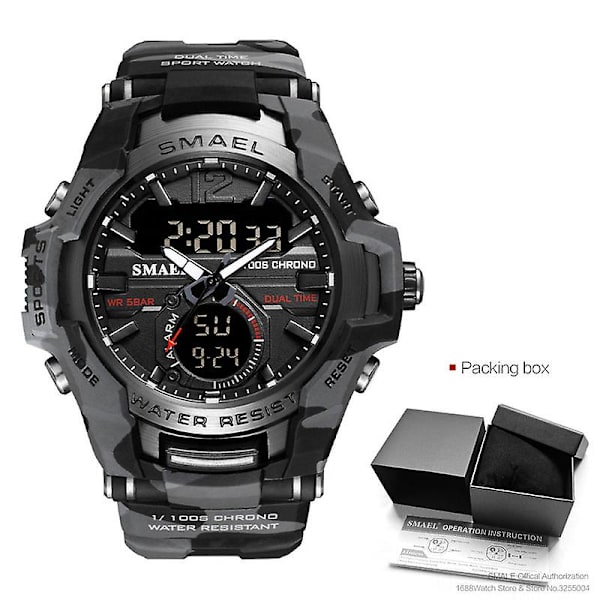Smael Sport Digitala klockor För Män Army Kamouflage Simning Armbandsur Väckarklocka Kalender Led Bakgrundsbelysning Dual Time Watch 1805 Camo Gray-Box