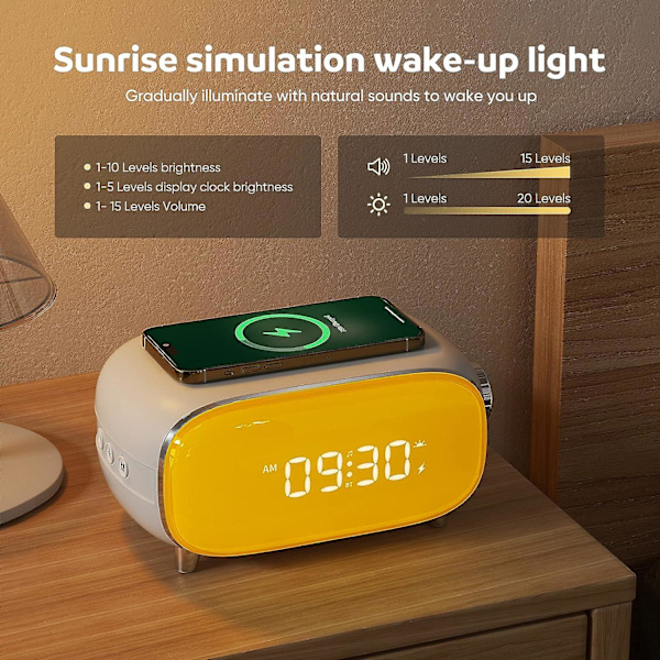 Sunrise Alarm Clock med Sunrise Simulering, Wake Up Light med Snooze, Trådlös laddare, Bluetooth