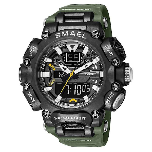 Smael Watch Herr Digital Quartz Double Display Klockor Ungdom Militär Herr Vattentät stoppur Väckarklocka Man Cool Hour ArmyGreen
