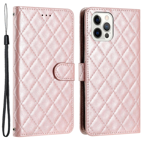 Stødsikkert Rhombus Syning Læder Etui med Pung og Støttefod til iPhone 15 Pro Rose Gold