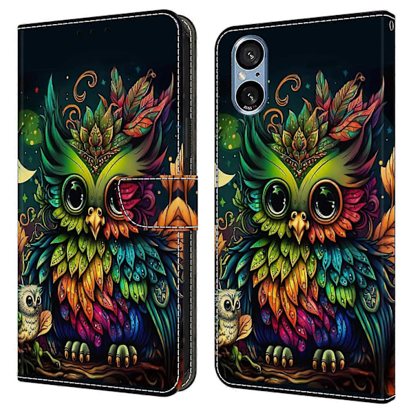 Skal för Sony Xperia 5 V med kortfack, mönstrad tryckt TPU+PU Läder Flip Fodral Multicolor Colorful Owl