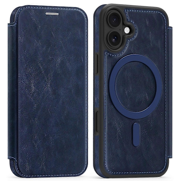 Cover til iPhone 16, kompatibel med MagSafe, RFID-blokerende kortholder, læder telefoncover Multicolor Sapphire