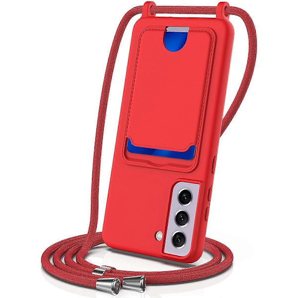 For Samsung Galaxy S21 FE 5G Deksel Flytende Silikon Kortholder Telefon Bakdeksel med Lanyard - Grønn Multicolor Red