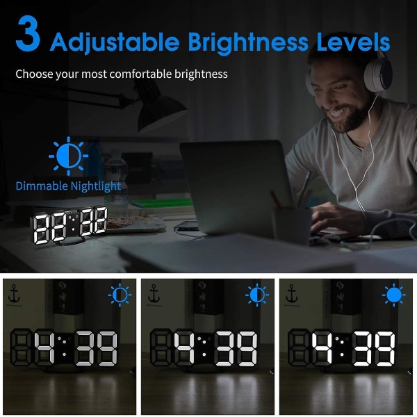 3D LED -herätyskello, jossa 3 säädettävää kirkkaustasoa ja siniset numerot