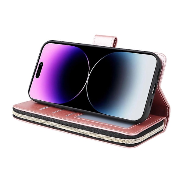 Til iPhone 15 Pro Max Telefon Stand Case Shell Lynlåslomme TPU+PU Læder Kort Slots Pung Multicolor Rose Gold