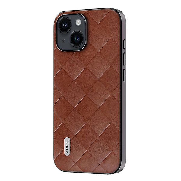 För Iphone 15 Plus Pu Läderbelagd Pc+tpu Phone case Grid Texture Cover Brown