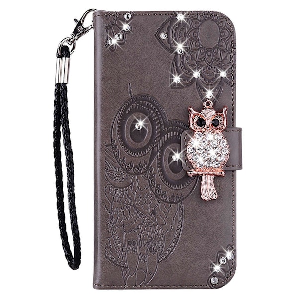 PU Læder Shell Wallet Stand med Rhinestone Dekoration, Ugle Blomster Prægning, Telefon Cover med Rem