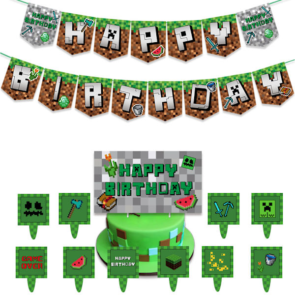 Nya minecraft födelsedag flagga tårta kort ballong set pixel spel party de