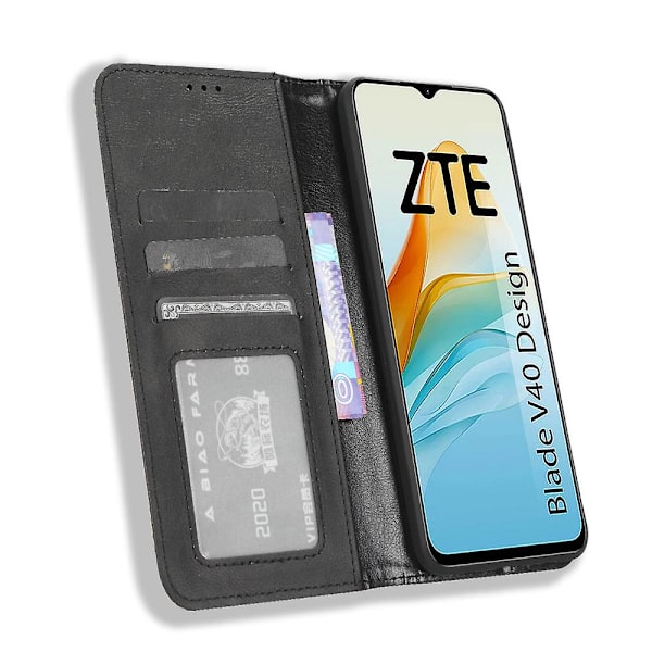 För Zte Blade V40 Design Pu Läderställ Phone Case Retro Cover Black