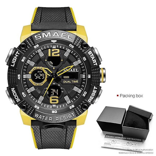 Smael Dual Time Led Display Digital watch För män Vattentät Simning Quartz Sportklockor Auto Date Alarm Clock Armbandsur 8039 Yellow-Box