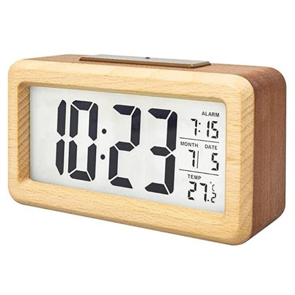 Digitalt LCD Vækkeur i Træ med Smart Sensor Natlys, Snooze, Dato, Temperatur og 12/24 timers funktion Solid Wood Double Color