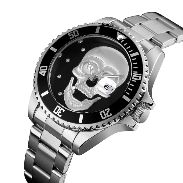 Skmei 9195 Fashion Vatteninlagd Drill Skull Nattlampa Vattentät Quartz Watch Steel Strip Watch Silver Black