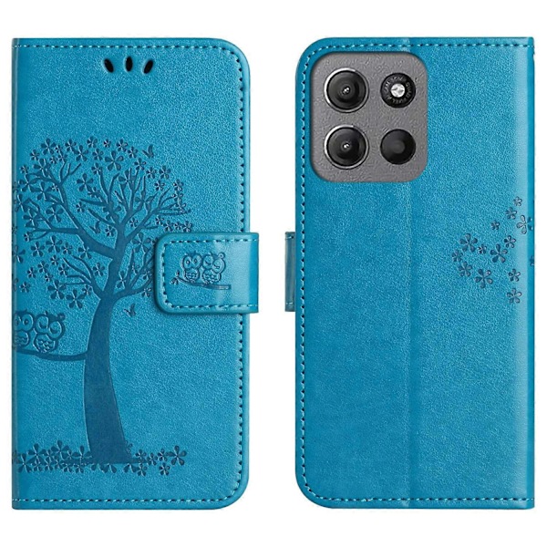 Til Motorola Moto G15 4G/G15 Power 4G Etui PU Læder Ugle Træ Præget Tegnebog Telefon Cover - Grå Multicolor Blue