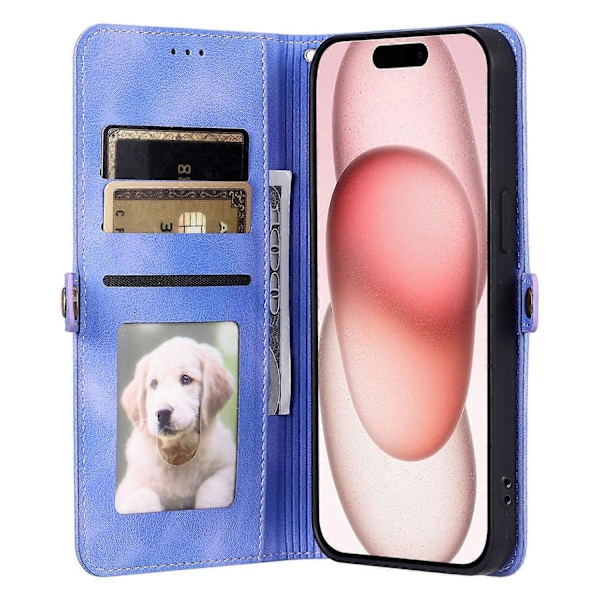 Tyyli 016 iPhone 16 Pro Max -kotelolle, ihon tuntuinen toteemikuvioitu lompakkonahkainen puhelinkotelo - Musta Multicolor Purple