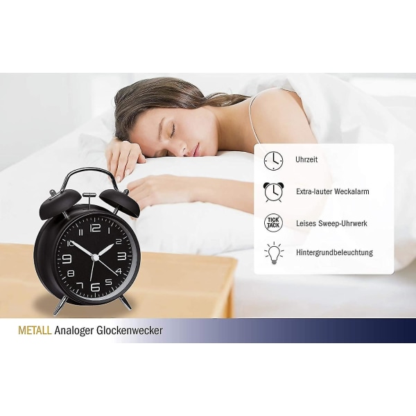 Retro Analog Metal Vækkeur Høj Alarm Stille Bevægelse Baggrundsbelysning Sort