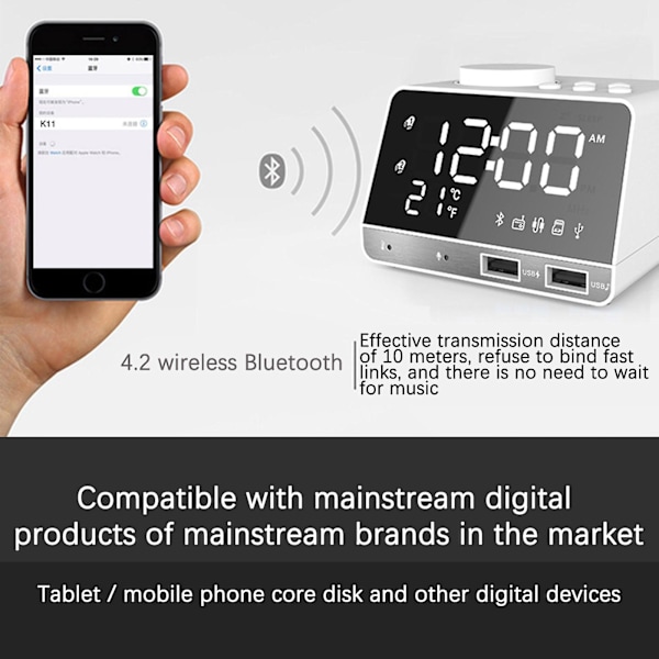 Väckarklocka Bluetooth högtalare Väckarklocka Integrerad multifunktion Dubbel USB - power Radio Hemma sängkort Ljud White