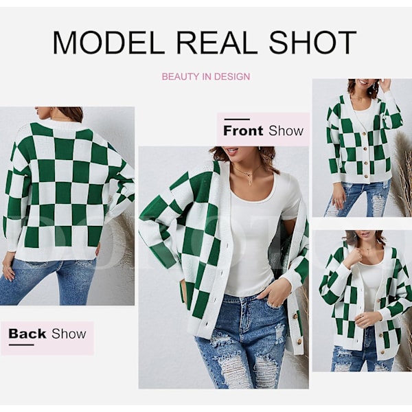 Dame Plaid V-hals Knap Ned Langærmet Kabelstrikket Oversized Cardigan Sweater Toppe Green Medium