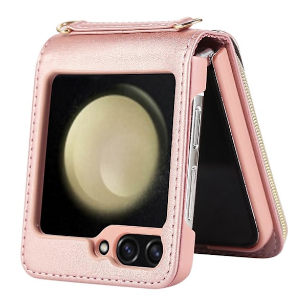 Til Samsung Galaxy Z Flip5 5G Etui Læder+PC Lynlås Telefon Cover med Håndledsrem Multicolor Style A