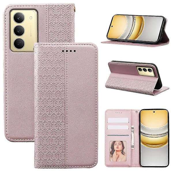 Plånboksfodral för Realme 14x 5G Stark Magnetisk Rutigt Mönster Präglat Läder Flipfodral Multicolor Rose Gold