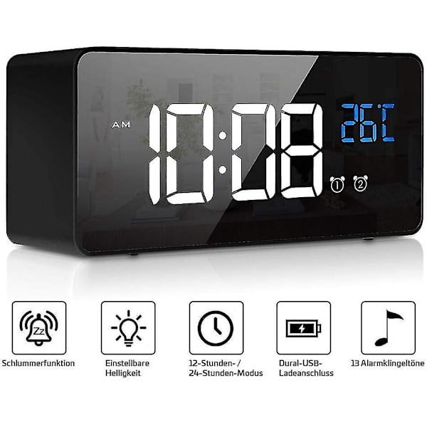 Digital , LED digital klocka Bordsklocka med röststyrningsfunktion och temperaturdisplay, spegellarm med dubbla larm snoozetid 4 lev