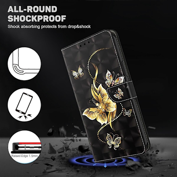 Skal till iPhone 16 Plus med Ställ, Mönstertryck, Läderfodral - Stående Katt Multicolor Golden Butterfly