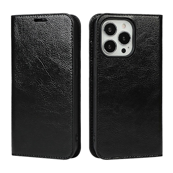 Ægte Læder Folio Flip Wallet Cover med Støttefod til iPhone 13 Pro 6.1 tommer - Sort