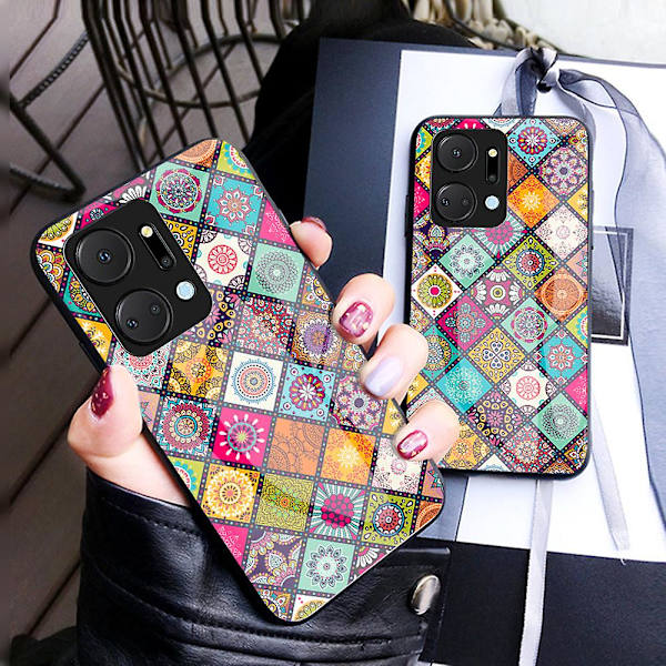 Kukkakuvioinen puhelinkotelo Honor X7a 5g:lle, jalustallinen PC+TPU+karkaistu lasi -puhelinkuori kaulanauhalla Color Pattern